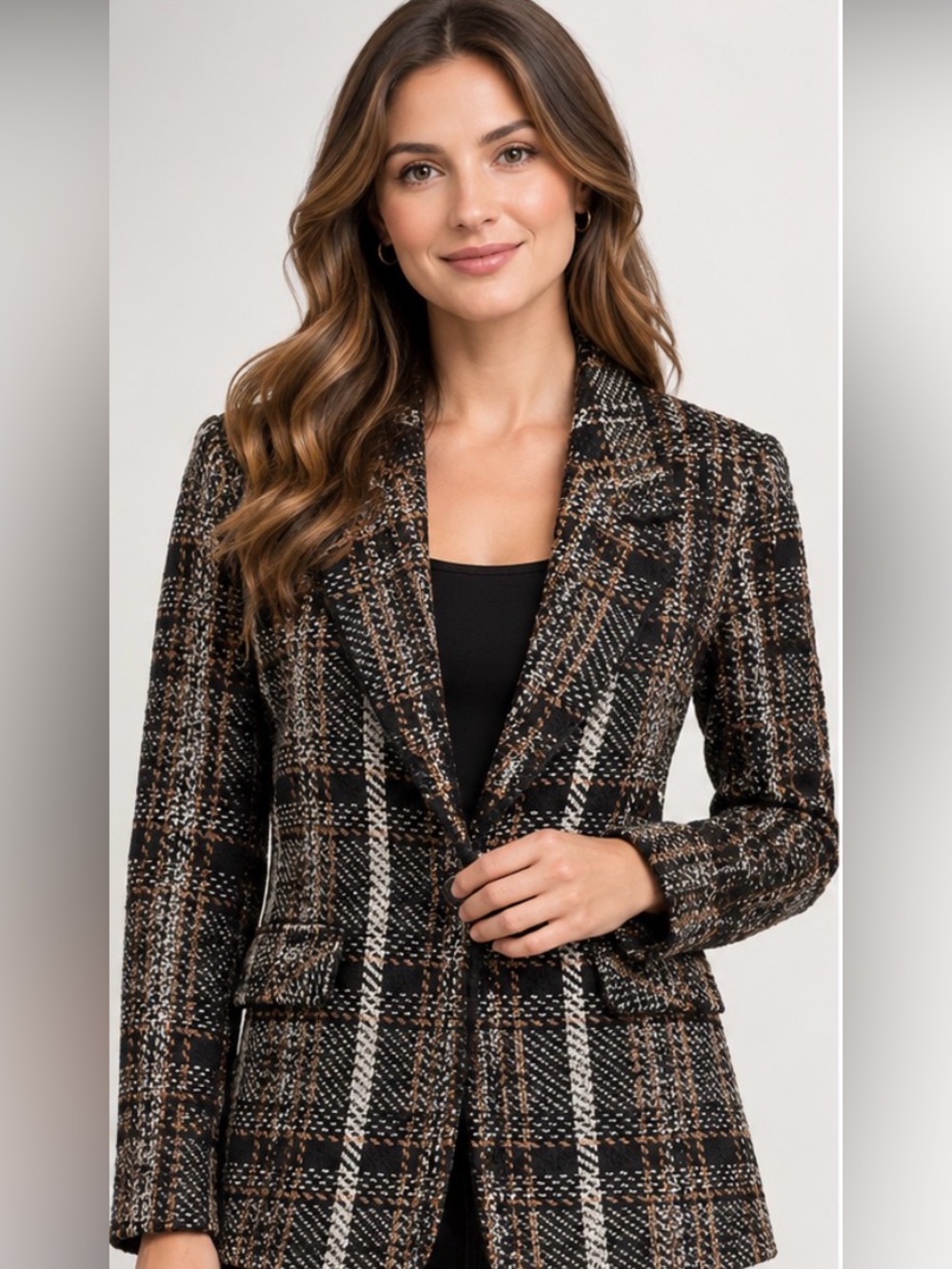 Elie Tahari Women’s Plaid Tweed Blazer Jacket Tailored Single Button Size Medium
